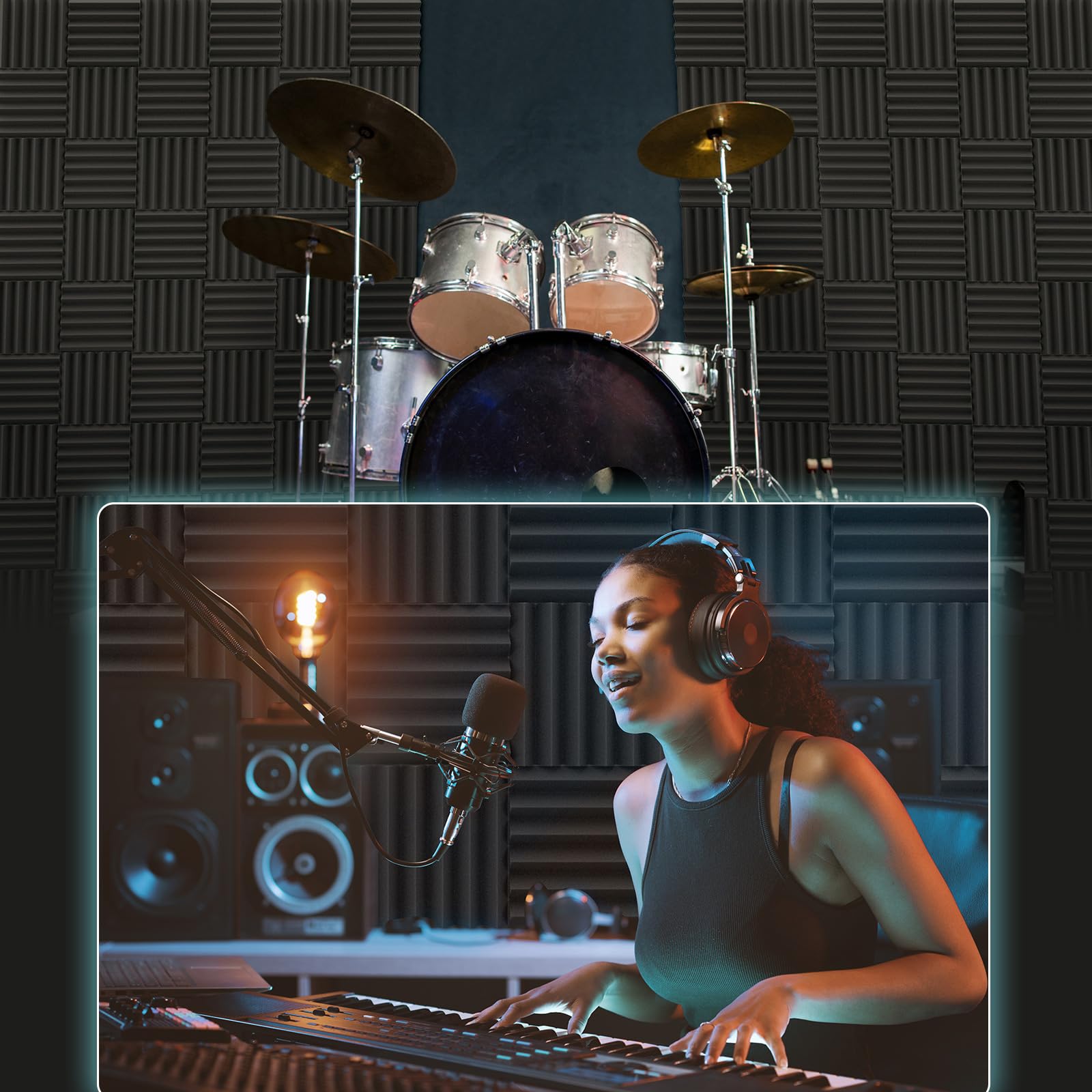 JBER 24Pack Sound Proof Foam Panels, 2'' X 12'' X 12'' Self-Adhesive Acoustic Wall Paddings for Home Office Studios (Black)